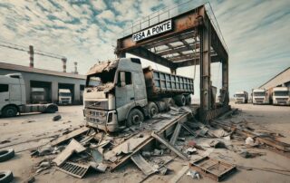 Pesa a ponte danneggiata per camion, con evidenti segni di usura come lamiere piegate e corrosione, situata in un ambiente industriale all'aperto.