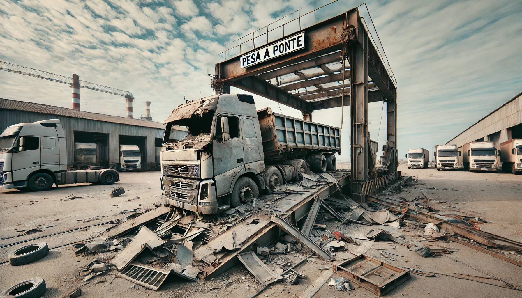 Pesa a ponte danneggiata per camion, con evidenti segni di usura come lamiere piegate e corrosione, situata in un ambiente industriale all'aperto.