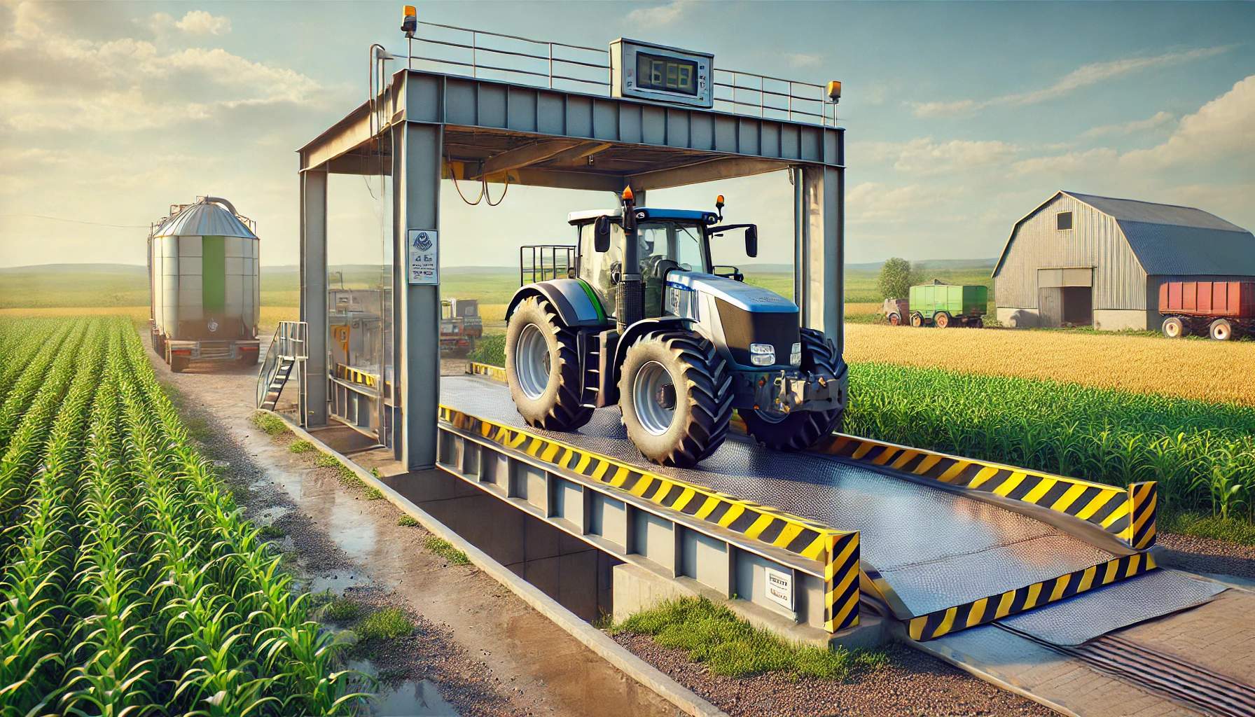 Una pesa a ponte in un campo agricolo sta pesando un trattore,